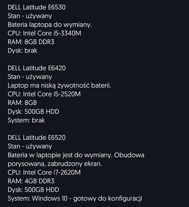 3 x laptop DELL E6530 E6420 E6520 niekompletne - dawcy patrz info