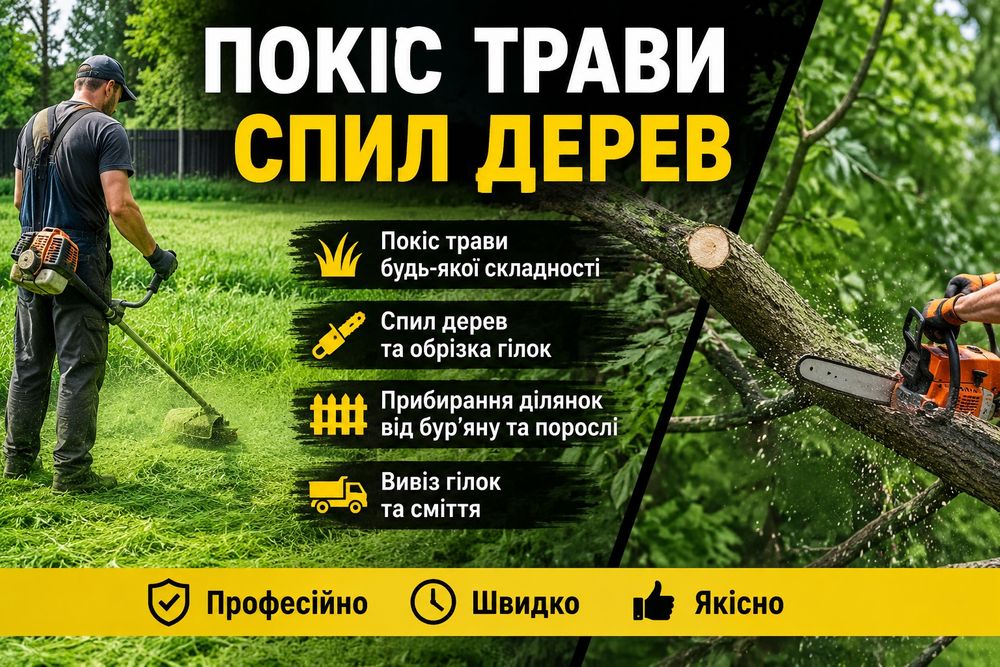 Покіс трави, розчищення ділянок, спил кущів та дерев