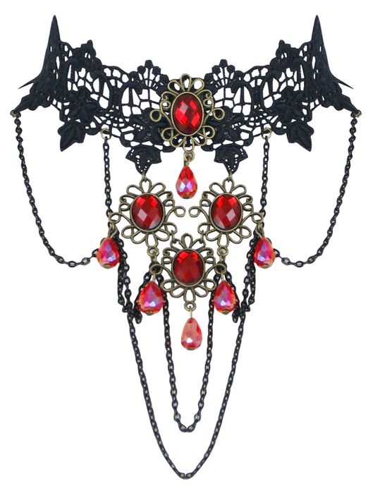 Gotycki choker z czerwonymi kryształami, koronka i łańcuszki vintage