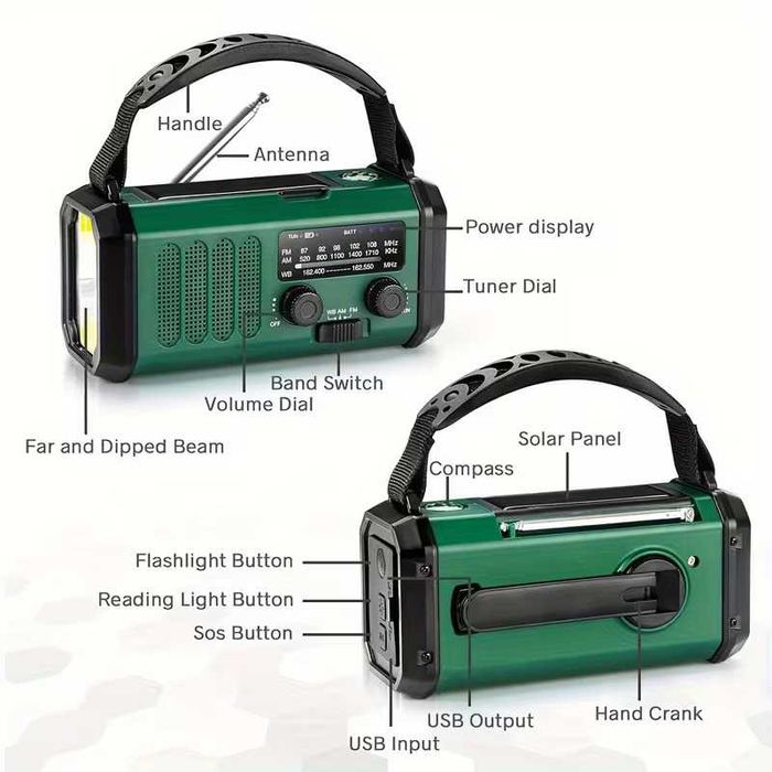 Rádio Emergência 10000mAh Solar/Manivela AM FM Lanterna SOS
