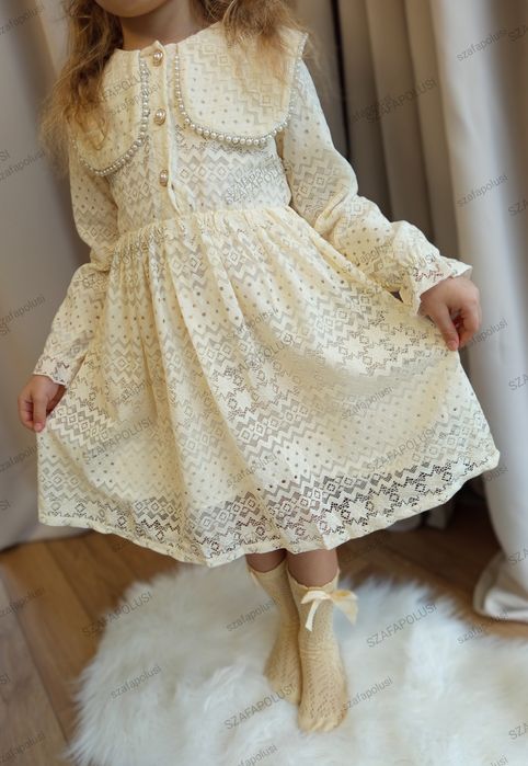 Koronkowa sukienka długa retro Boho vintage z perełkami świąteczna