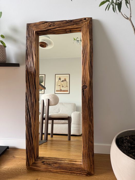 Wyjatkowe lustro w ramie z opalanego litego drewna Loft/ Rustykalne/Japandi/Wabi-Sabi- 105cm×48 cm