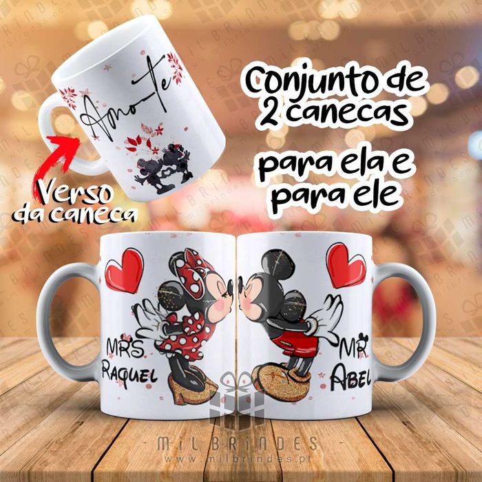 Canecas Mickey e Minnie dando beijo quando juntas