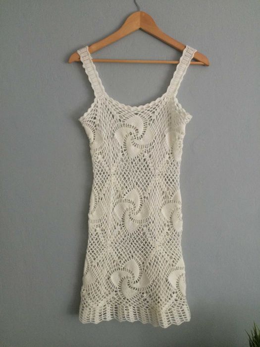 Sukienka biała krem boho hippie letnia handmade szydełko XS 34 S 36