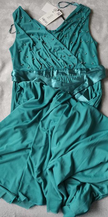 ORSAY Sukienka MAXI z perełkami r.32 Z METKĄ siateczka, dekolt koperta