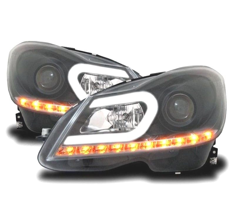 FAROIS FRONTAIS PARA MERCEDES W204 11-14 TUBE LIGHT + LED FUNDO PRETO
