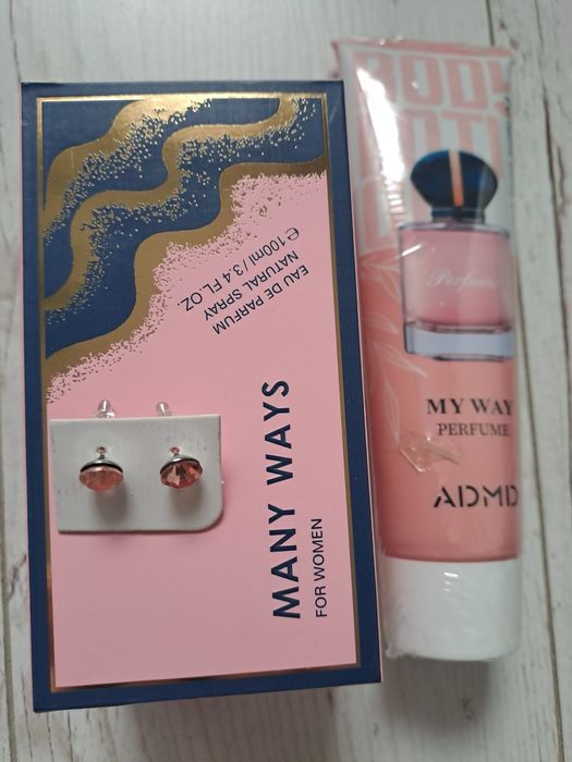 Zestaw balsam do ciała i Woda perfumowana inspirowana My Way, kolczyki
