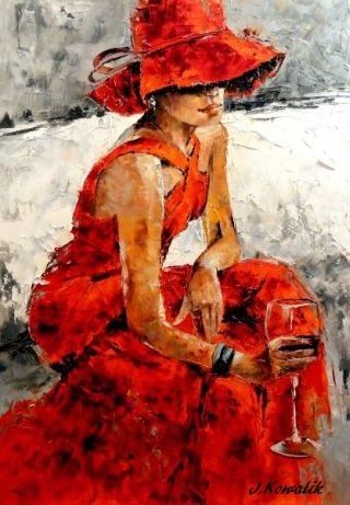 Kowalik - Czerwone wino - 50x70cm Kobieta Dziewczyna Obraz Olejny