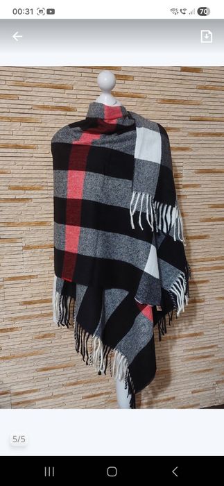 Piękny szal 50%kaszmir 50% wełna Cashmere r200x70 krata czarny czerwon