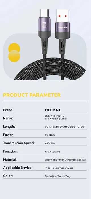 Nowy kabel USB-A do typu C 120 W, Długość 2m