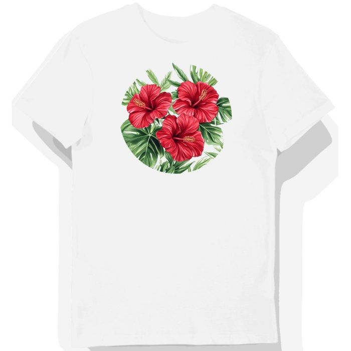 Koszulka męska biała z nadrukiem egzotycznych hibiskusów 3XL