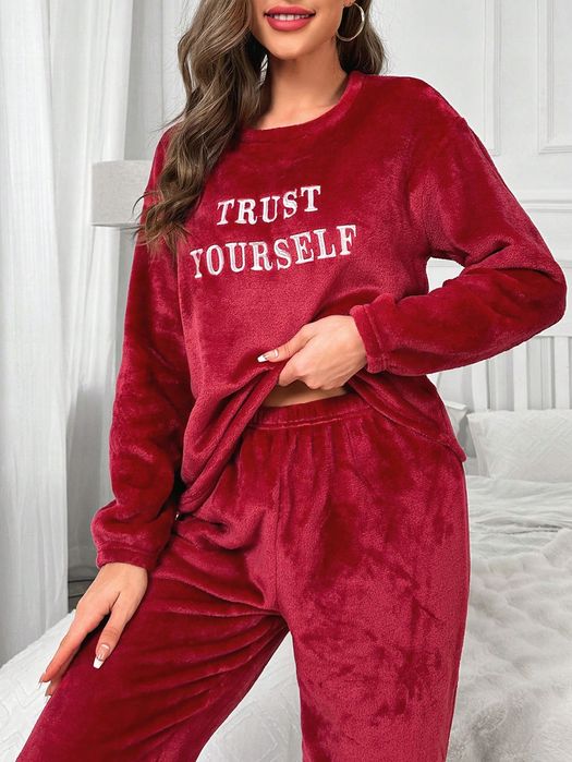 Bluza Pullover Pluszowa Z Haftem Napisy Burgundowa Casual Shein M