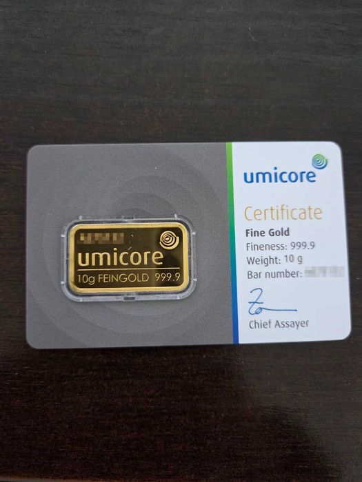Barra de ouro 10gr da Umicore numerada grau de pureza 999.9