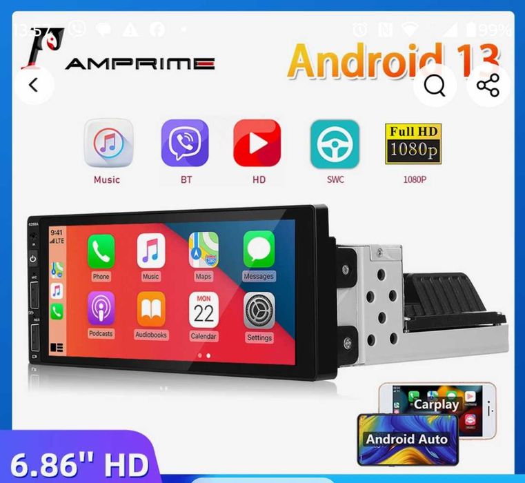 Магнітола 1 Din з екраном на андроїд 13 android 13