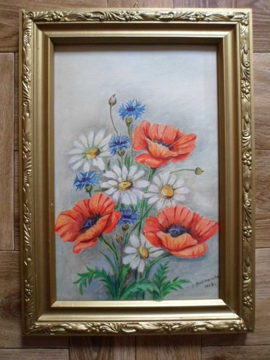 Obraz - ręcznie malowana akwarela w złotej ramie za szkłem r. 1978