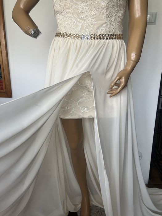 Suknia ślubna Wesele ecru kremowa S / XS z trenem szyfon