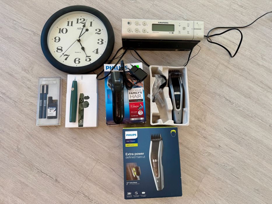 Maszynki do włosów Philips, Oclean Air 2, zestaw Steadtler, radio Grundig, zegar
