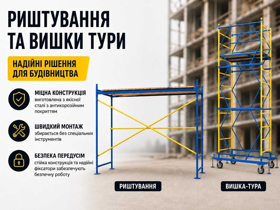 Риштування,ліса рамні та клино-хомутові, риштовка вишка тура до 21 м, підмостки, леса строительные, вышка тура подмости стальные и алюминиевые