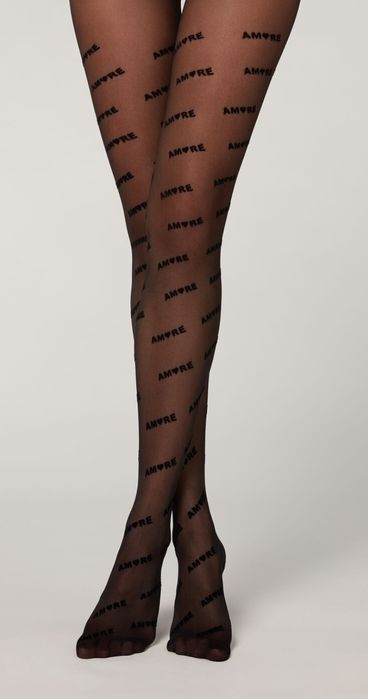 Rajstopy Calzedonia s/m czarne flokowane z napisem AMORE