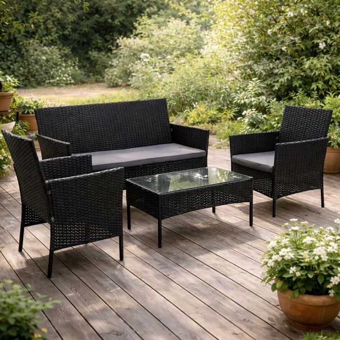 Meble Ogrodowe Technorattan Czarny - Sofa + 2 Fotele + Stolik