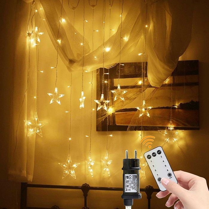Grinaldas brilhantes estrelas, 138 LEDs, cortina LED c/controlo remoto