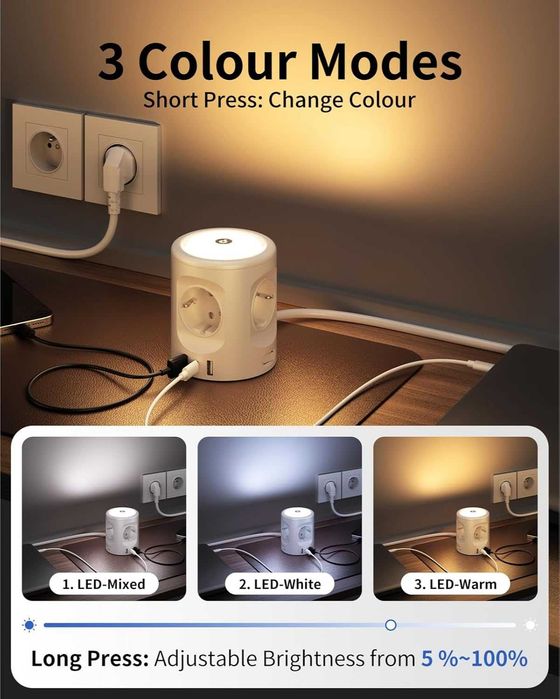 Przedłużacz Kostka Kostkowy 7w1 USB-C Lampka
