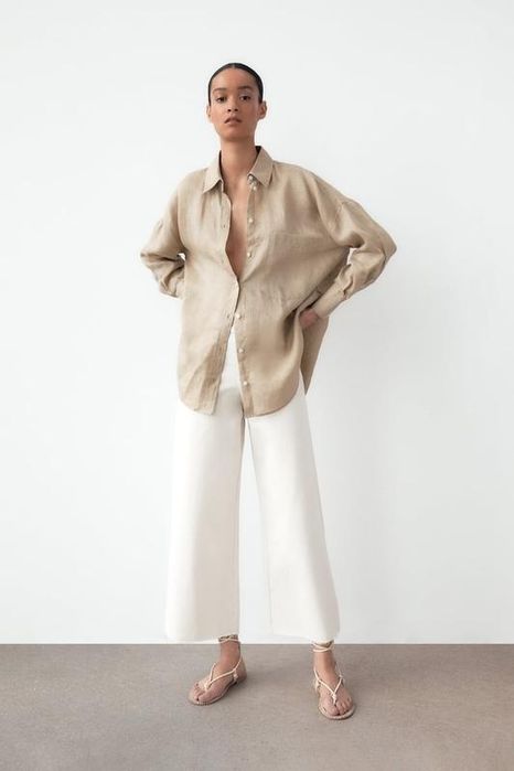 Льняная песочная рубашка оверсайз Zara лён