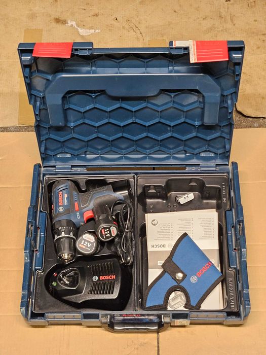 Wkrętarka Bosch GSB 12V-15 + 2x aku 2Ah i 3Ah + ładowarka + L-BOXX
