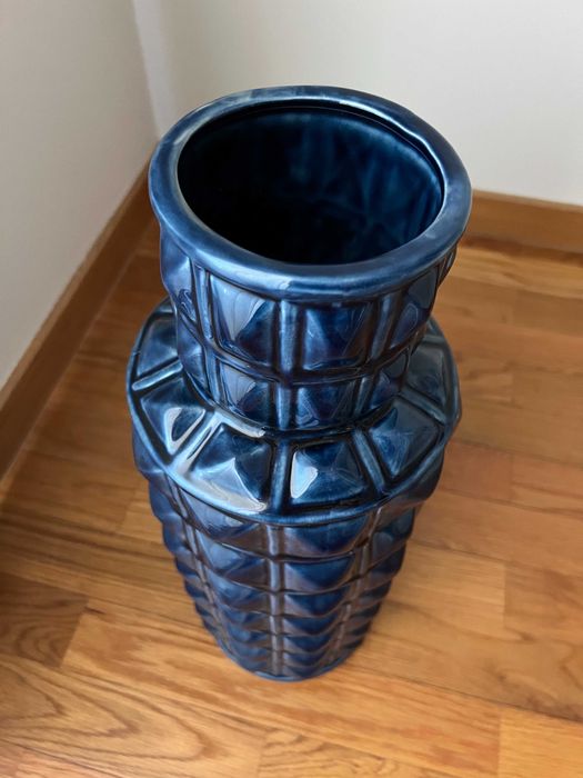 Jarrão Decorativo Cerâmica Azul Marinho Geométrico / Relevo