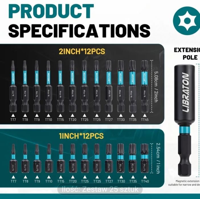 Magnetyczny zestaw 25-elementowy bitów zabezpieczających Torx