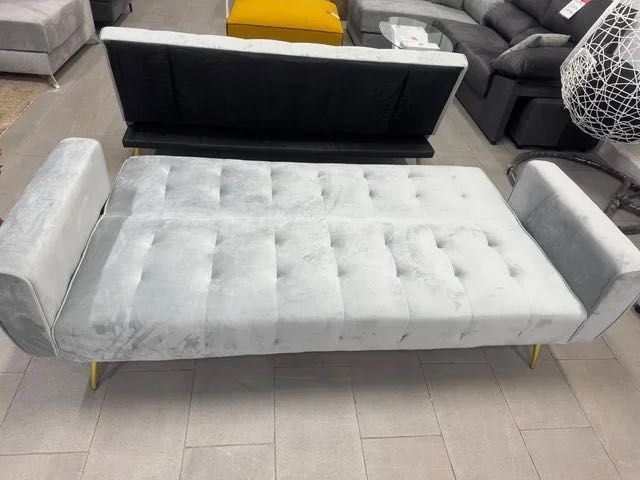 Sofá Cama Click Clack em Veludo Cinza e Preto