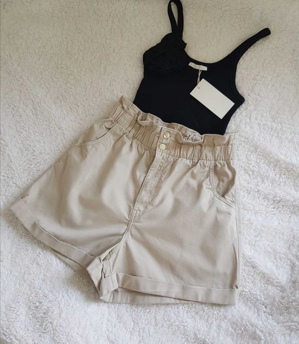Beżowe spodenki szorty paperbag h&m wysoki stan