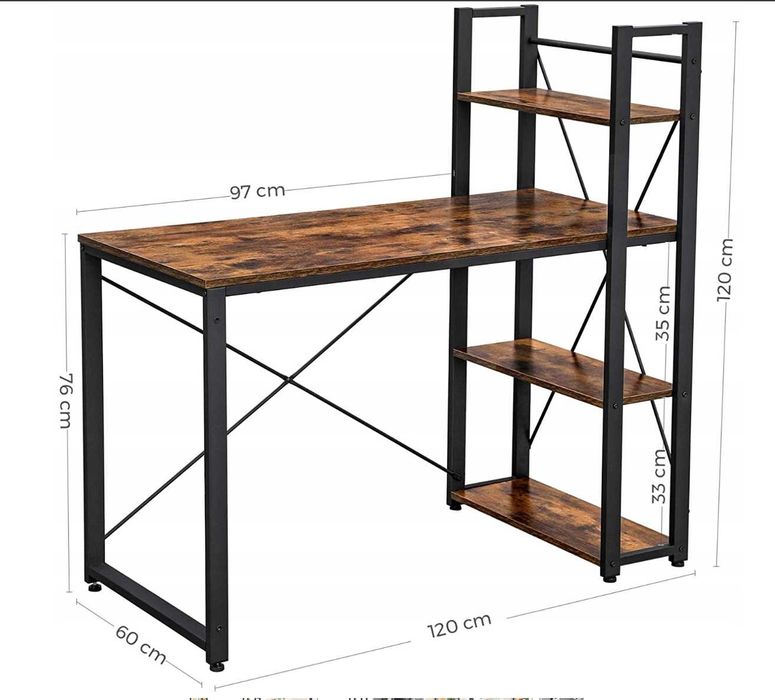 Biurko komputerowe metalowe z regałem rustykalne industrialne brązowe