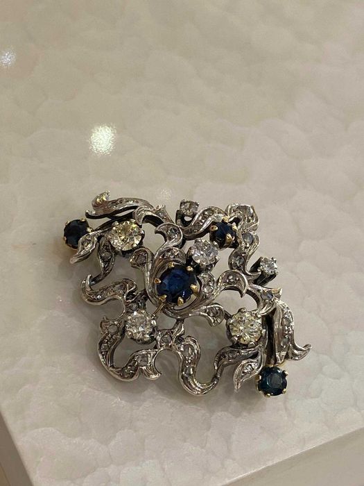 Stara broszka z diamentami 2.00 CT i z szafirami 2.00 CT