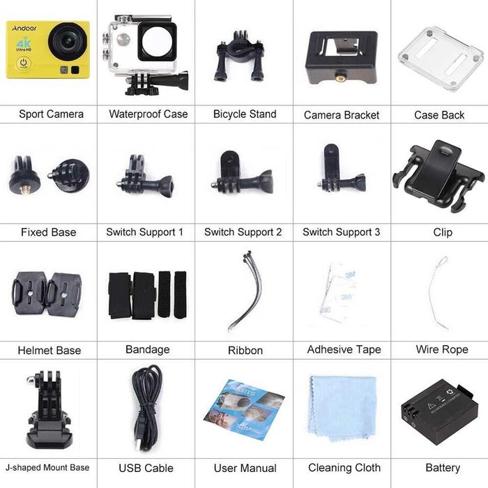 Andoer câmara de acção, bolsa e bastão extensível