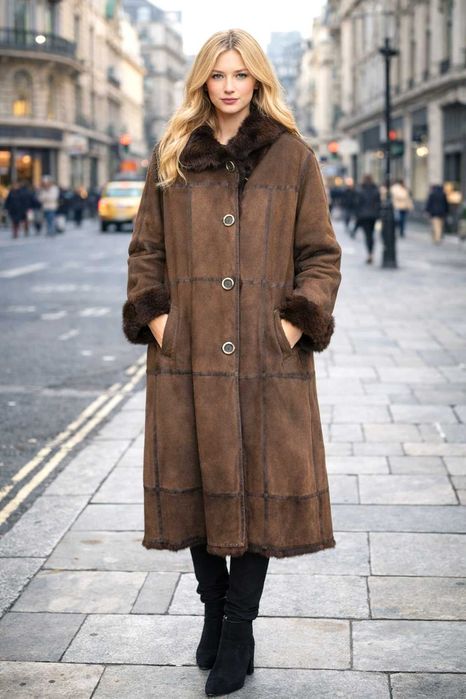 Casaco longo de Shearling marrom com gola e punhos em pele – Modelo feminino – Tamanho L/XL