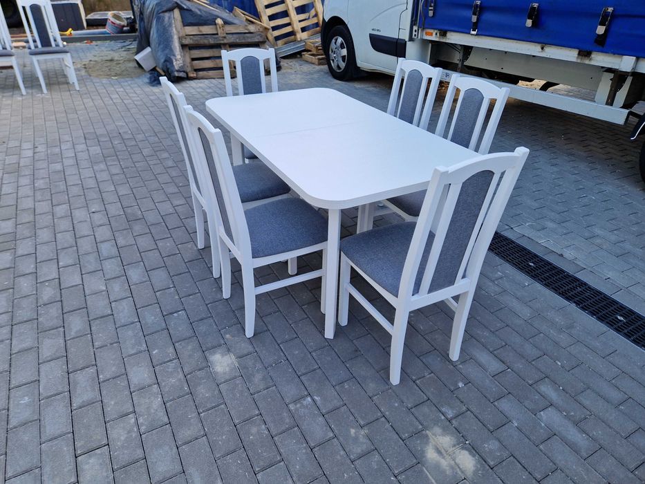 Nowe: Stół rozkładany + 6 krzeseł, biały + szary , dostawa cała POLSKA