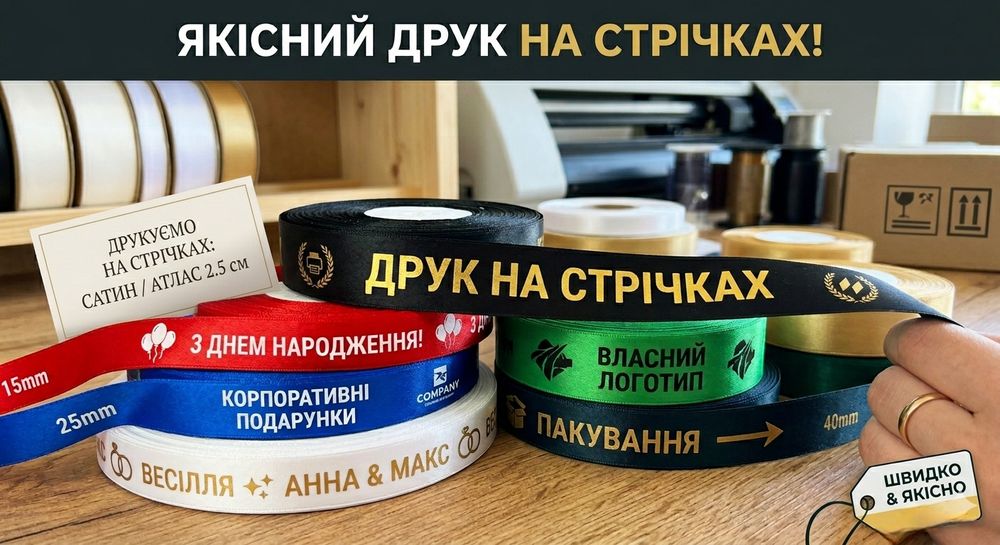 Друк на стрічках (брендінг) атлас/сатин 2,5см