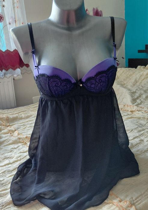 Anna Summers Seksowna koszulka nocna babydoll fioletowo-czarna koronkowa 38