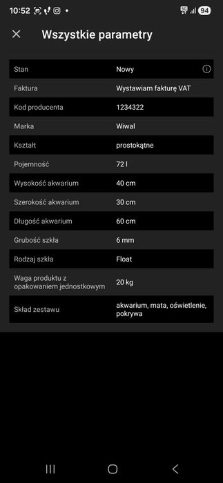 Akwarium 72  litry z widocznymi akcesoriami