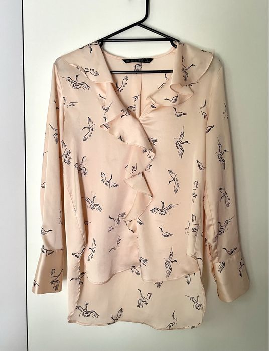 Satynowa koszula Zara XS w czarne ptaki