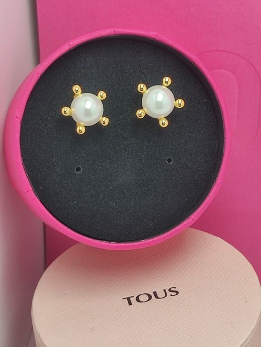 Kolczyki z misiem żółte srebro 925 z perłami 8 mm