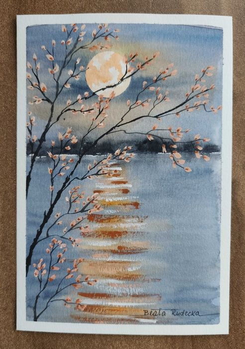 Oryginalna Akwarela „Księżycowa Ścieżka” | 14x21 cm | Styl Japoński