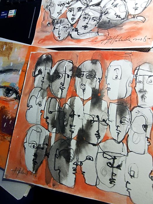 16 faces rysunek szkic portret linearny akwarela tusz Chaber Art twarz