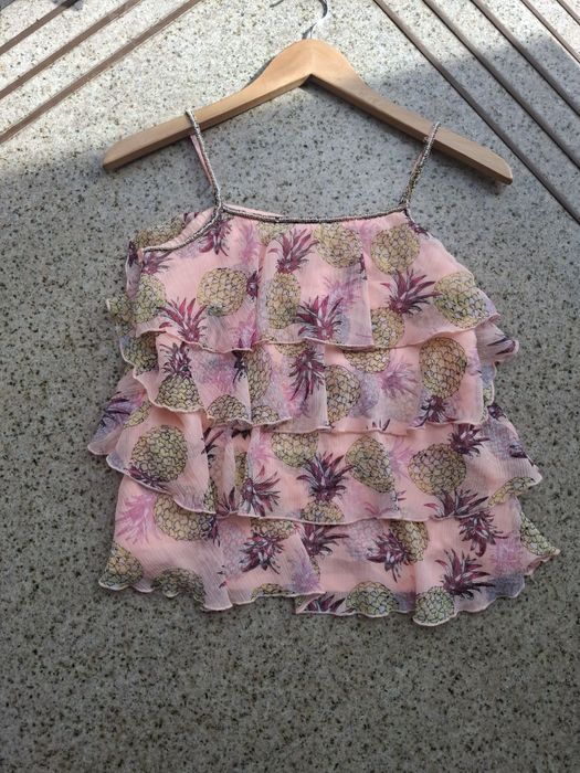 Pomaranczowy top na ramiączkach XS S falbany ananasy