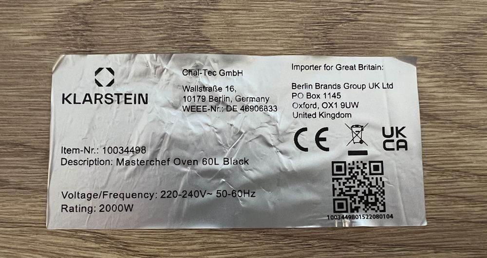 Klarstein Masterchef 60 – piekarnik 60L, 2000W