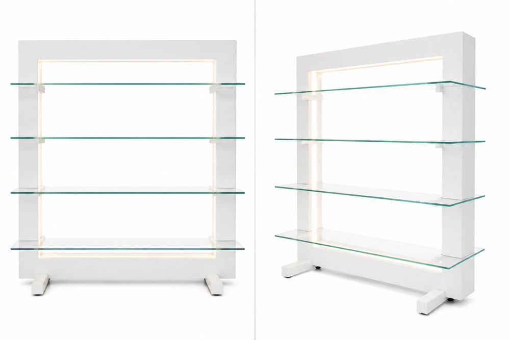 Estante moderna branca com LED e vidro temperado | 140x120 cm | Com rodas