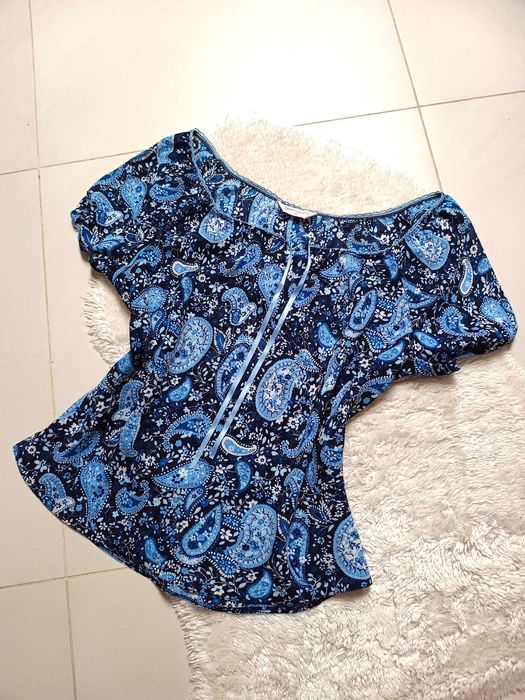 piękna bluzka kolorowa niebieski wzór turecki 44 46 plus size lato oversize