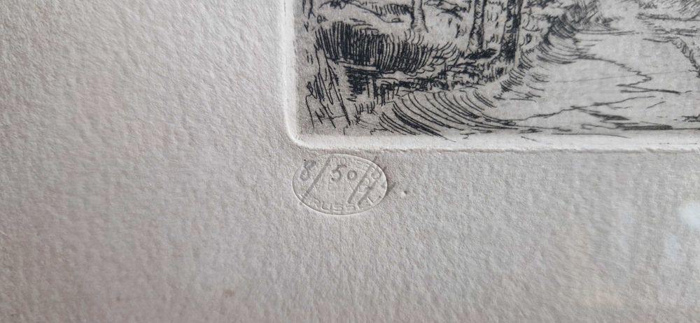 Litografia akwaforta pezjaż z drzewami aukcyjna sygnowana limitowana