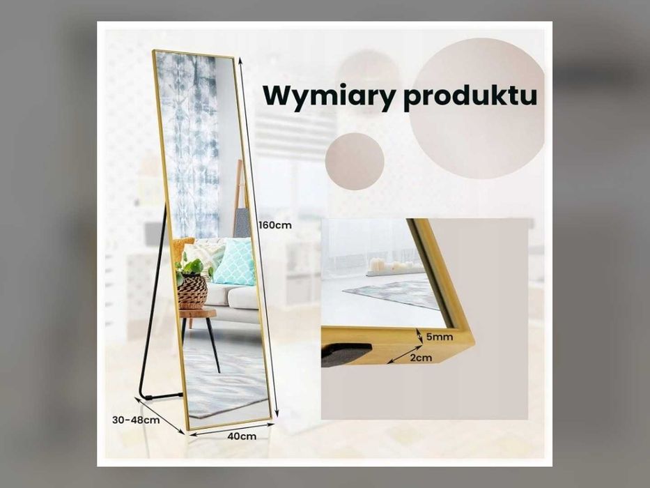 Nowe Lustro Stojące 160x40 cm Podłogowe Wolnostojące Ścienne 2w1 Złota Rama Duże